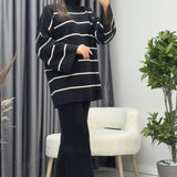 Kadın Çizgili Siyah Triko Pantolon Kazak İkili Takım