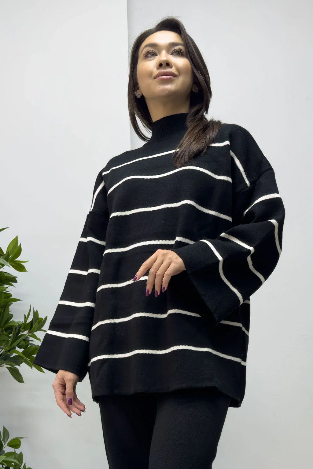 Kadın Çizgili Siyah Triko Pantolon Kazak İkili Takım