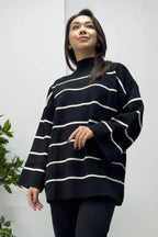 Kadın Çizgili Siyah Triko Pantolon Kazak İkili Takım