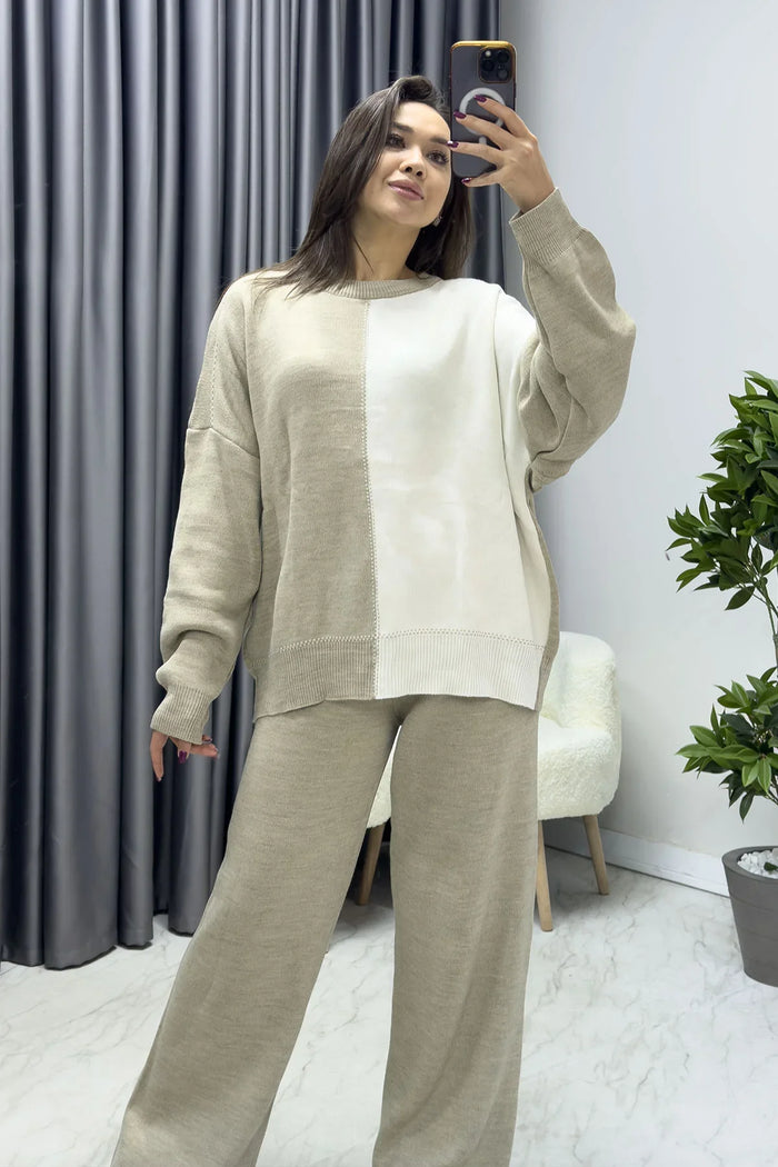 Kadın Haki Beyaz Triko İkili Takım