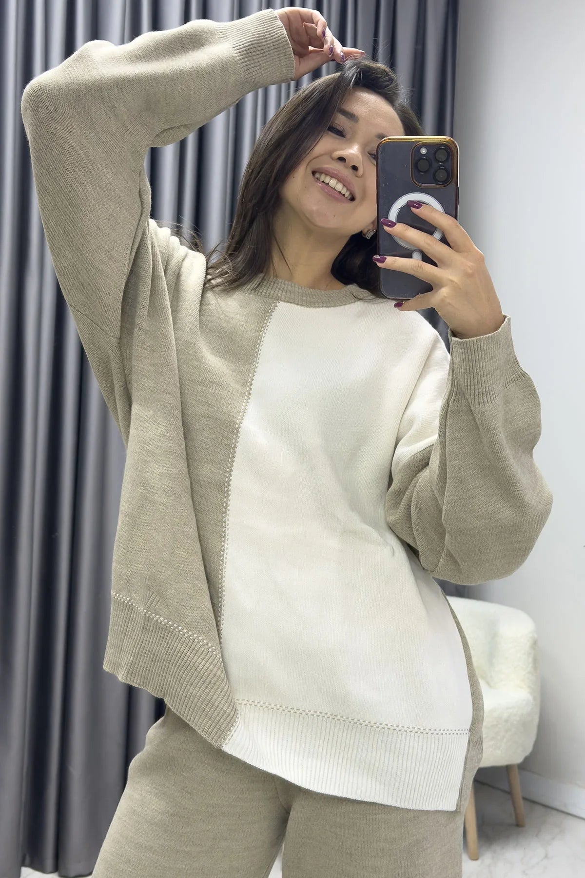 Kadın Haki Beyaz Triko İkili Takım