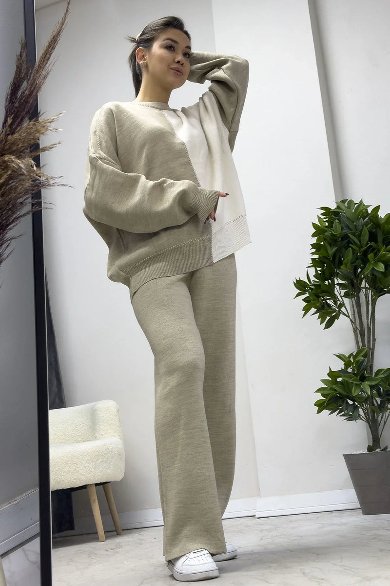 Kadın Haki Beyaz Triko İkili Takım