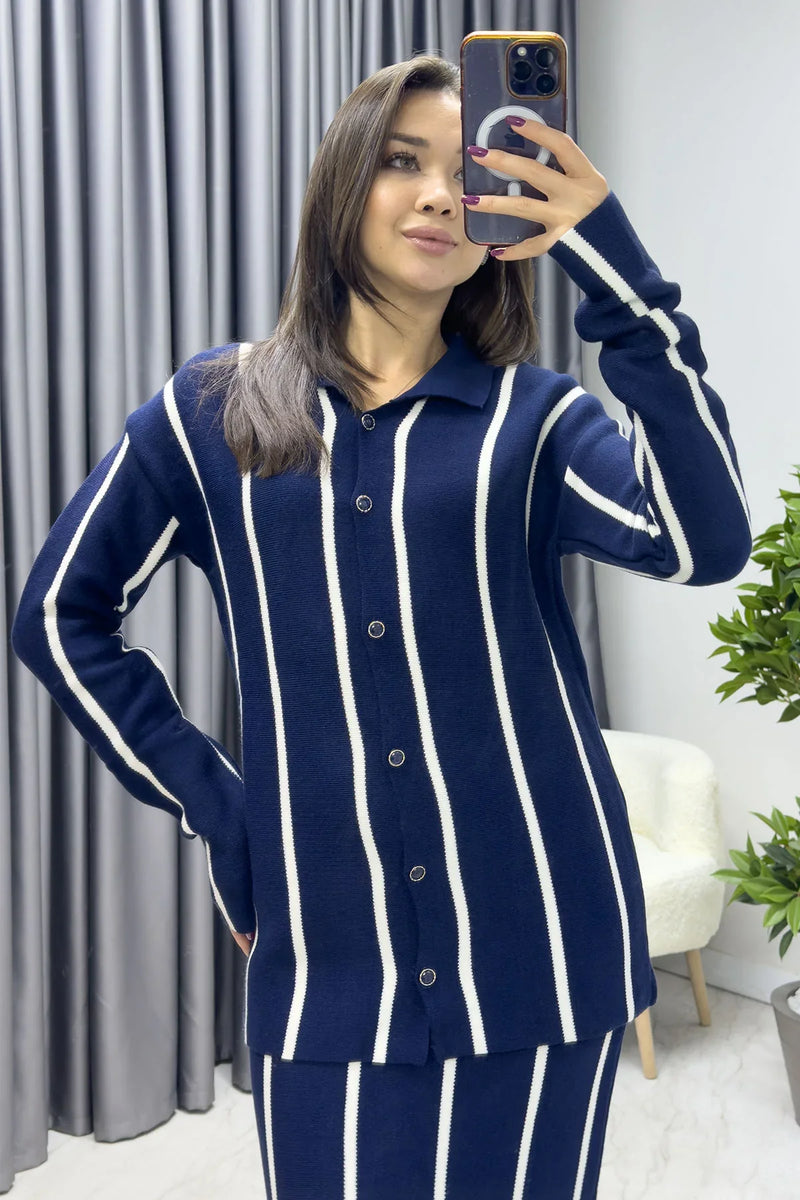 Lacivert Beyaz Triko Etek Hırka Takım