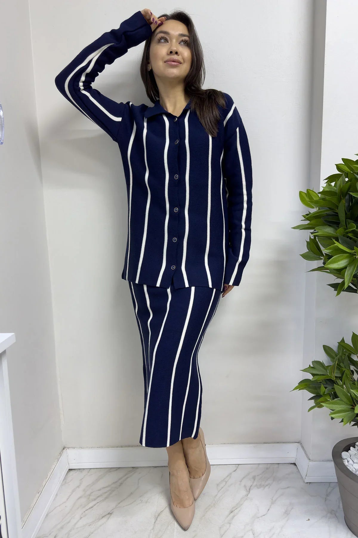 Lacivert Beyaz Triko Etek Hırka Takım