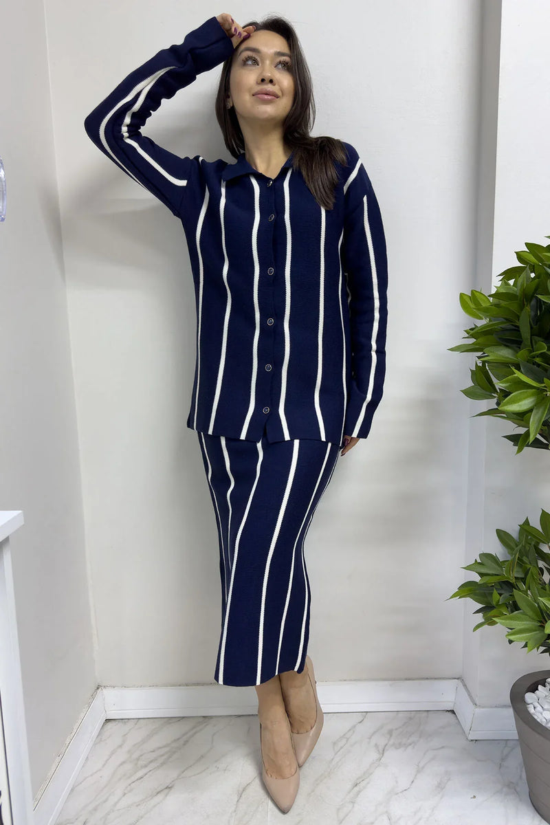 Lacivert Beyaz Triko Etek Hırka Takım