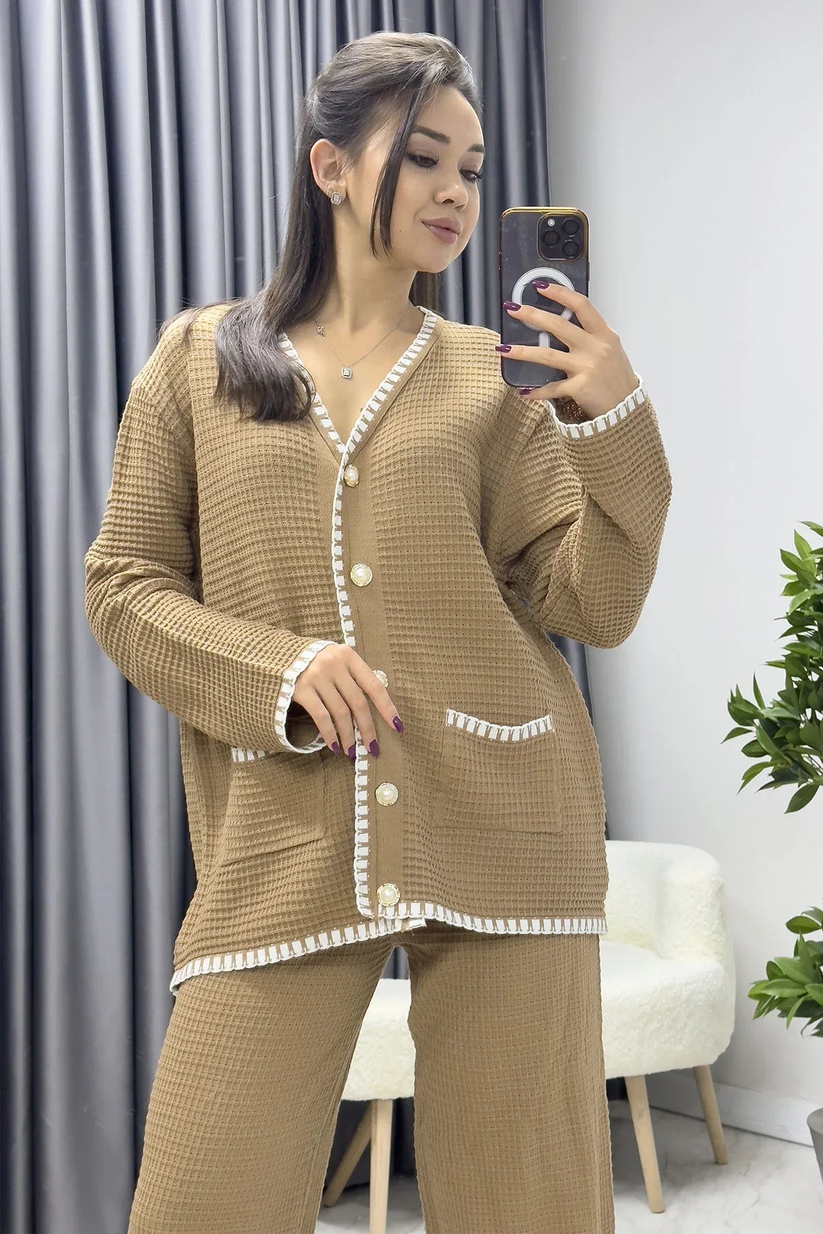 Kadın Kroşetalı Tabi Triko Pantolon Hırka Takım