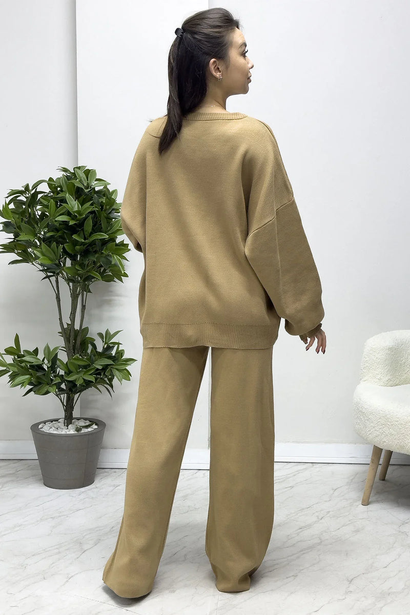 Kadın Taba Yüz Desen Nakışlı Triko İkili Takım