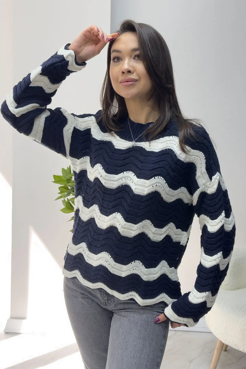 Kadın Lacivert Beyaz Dalga Desen Triko Kazak