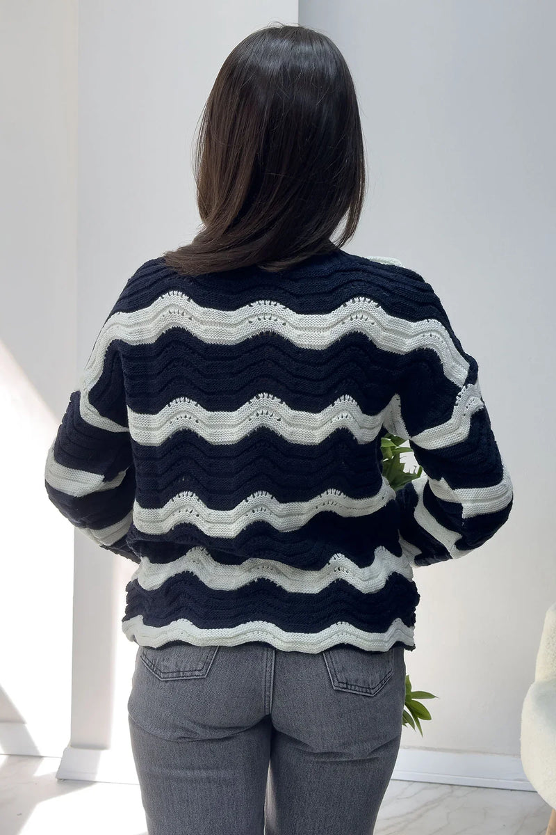 Kadın Lacivert Beyaz Dalga Desen Triko Kazak