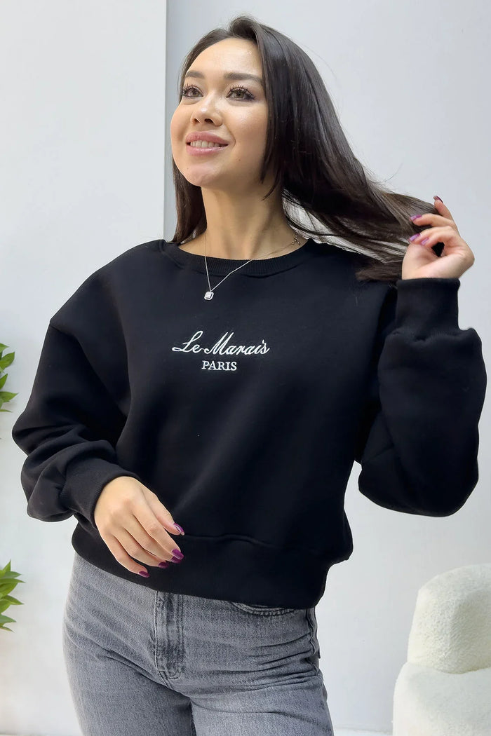 Kadın Siyah Nakışlı Sweatshirt