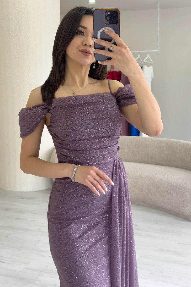 Koyu Lila Askılı Düşük Omuz Yırtmaç Detay Abiye Elbise