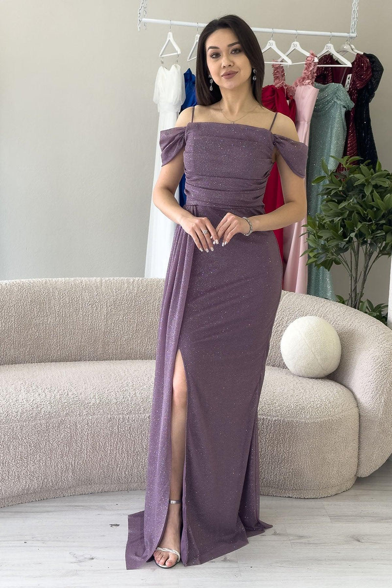 Koyu Lila Askılı Düşük Omuz Yırtmaç Detay Abiye Elbise