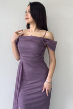 Koyu Lila Askılı Düşük Omuz Yırtmaç Detay Abiye Elbise