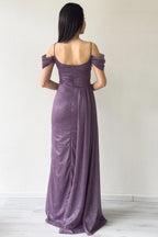 Koyu Lila Askılı Düşük Omuz Yırtmaç Detay Abiye Elbise