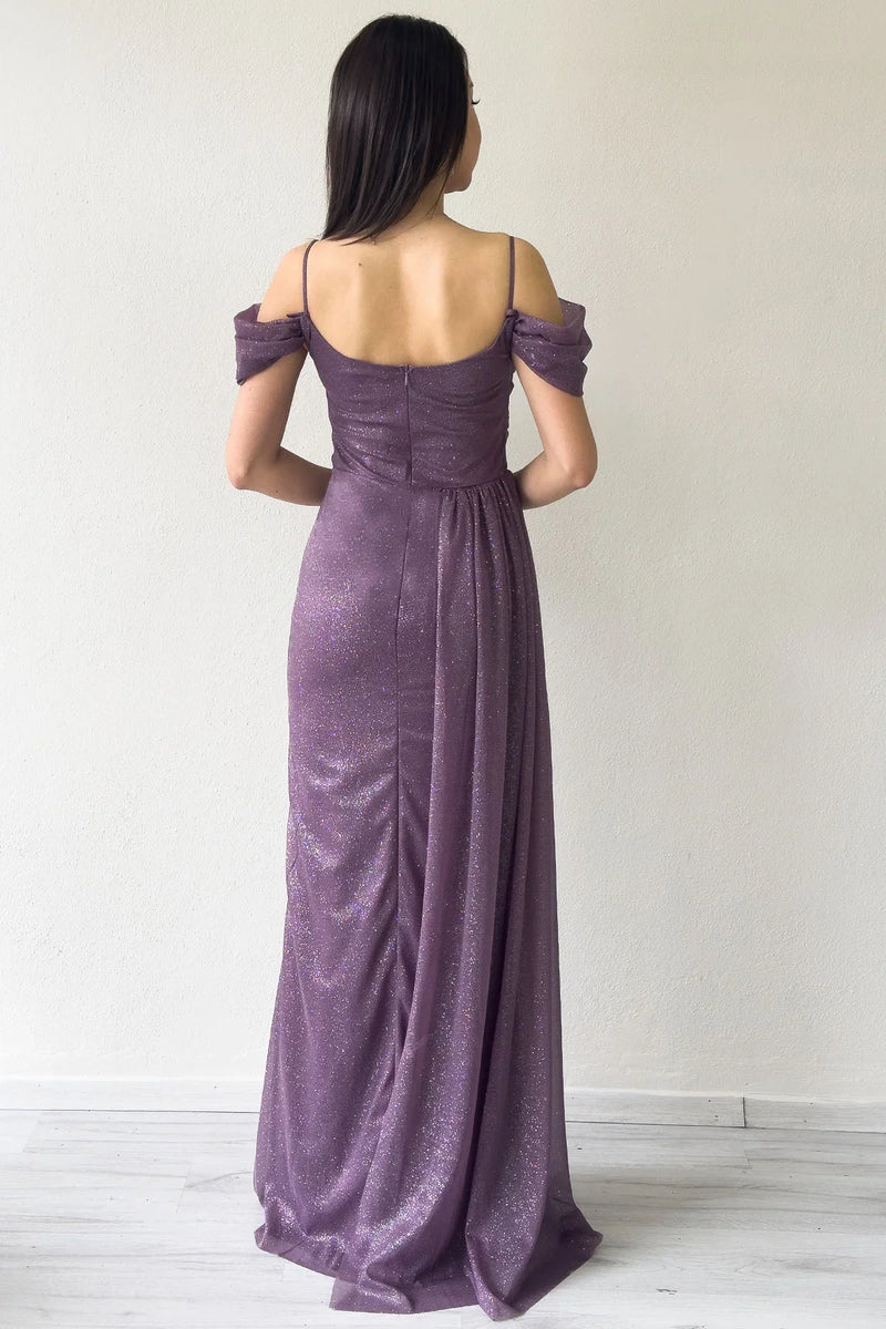 Koyu Lila Askılı Düşük Omuz Yırtmaç Detay Abiye Elbise