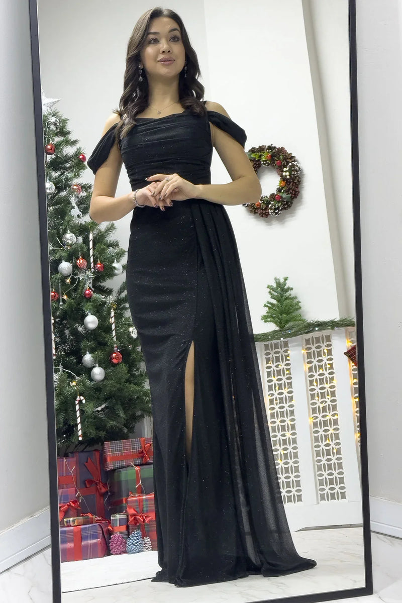 Siyah Askılı Düşük Omuz Yırtmaç Detay Abiye Elbise