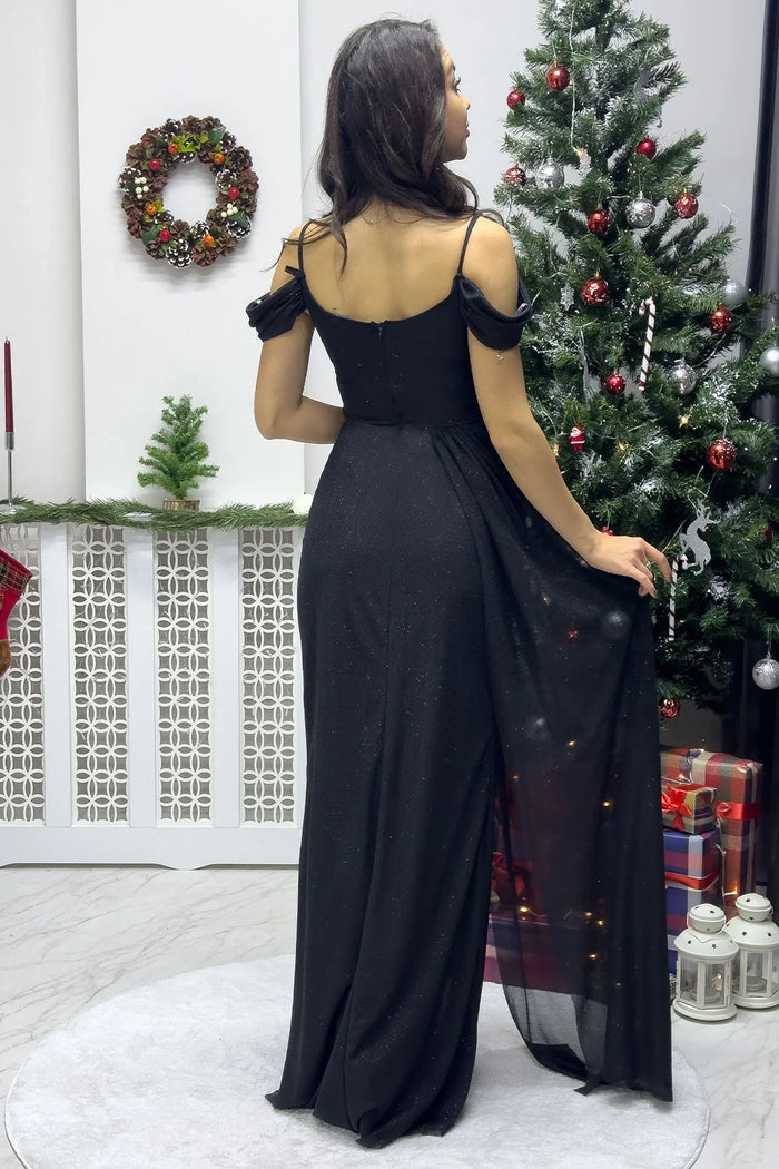 Siyah Askılı Düşük Omuz Yırtmaç Detay Abiye Elbise