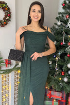 Zümrüt Yeşili Askılı Düşük Omuz Yırtmaç Detay Abiye Elbise