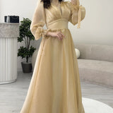 Asimetrik Etek Gold Karpuz Kol Prenses V Yaka Abiye Elbise