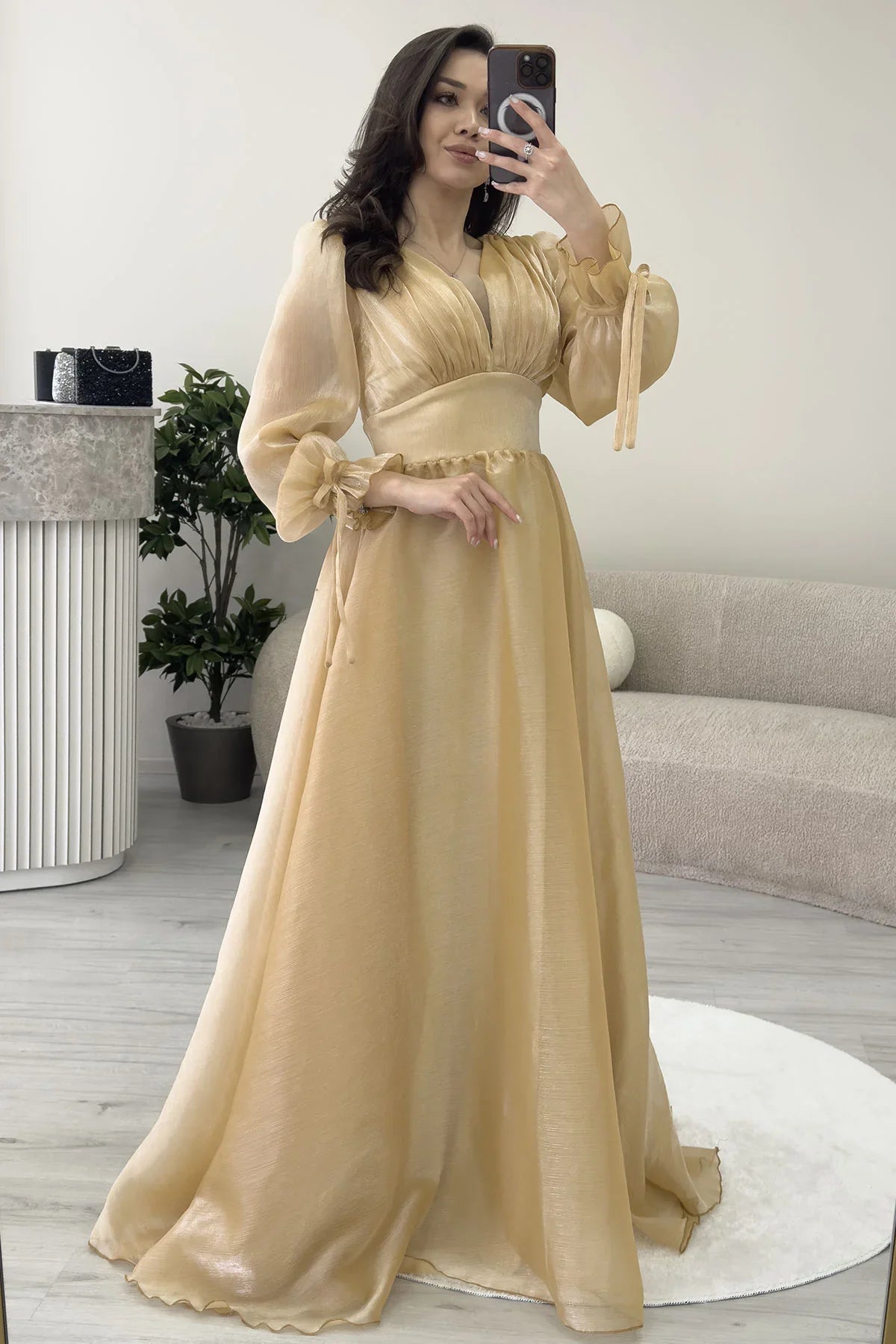 Asimetrik Etek Gold Karpuz Kol Prenses V Yaka Abiye Elbise