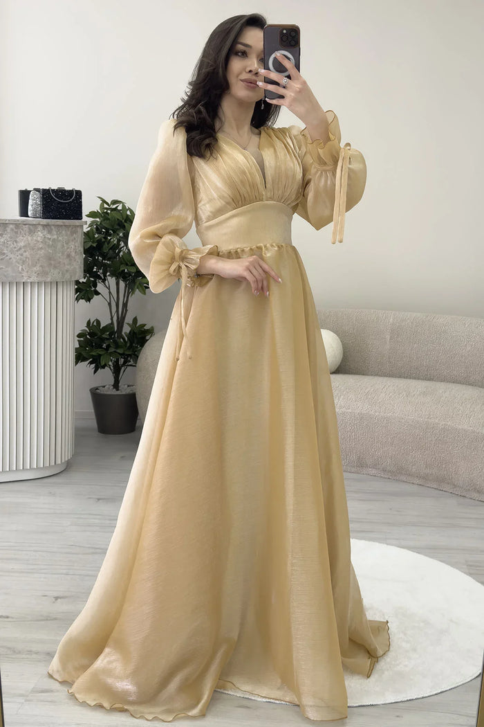 Asimetrik Etek Gold Karpuz Kol Prenses V Yaka Abiye Elbise