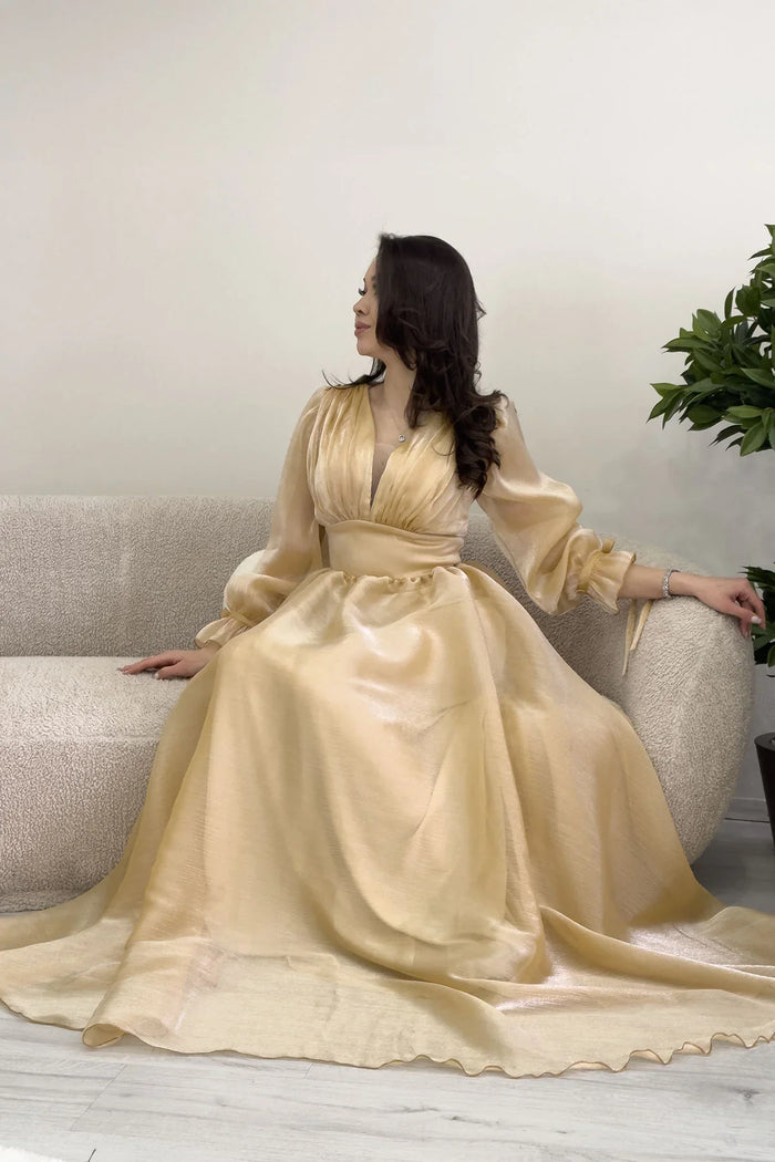 Asimetrik Etek Gold Karpuz Kol Prenses V Yaka Abiye Elbise