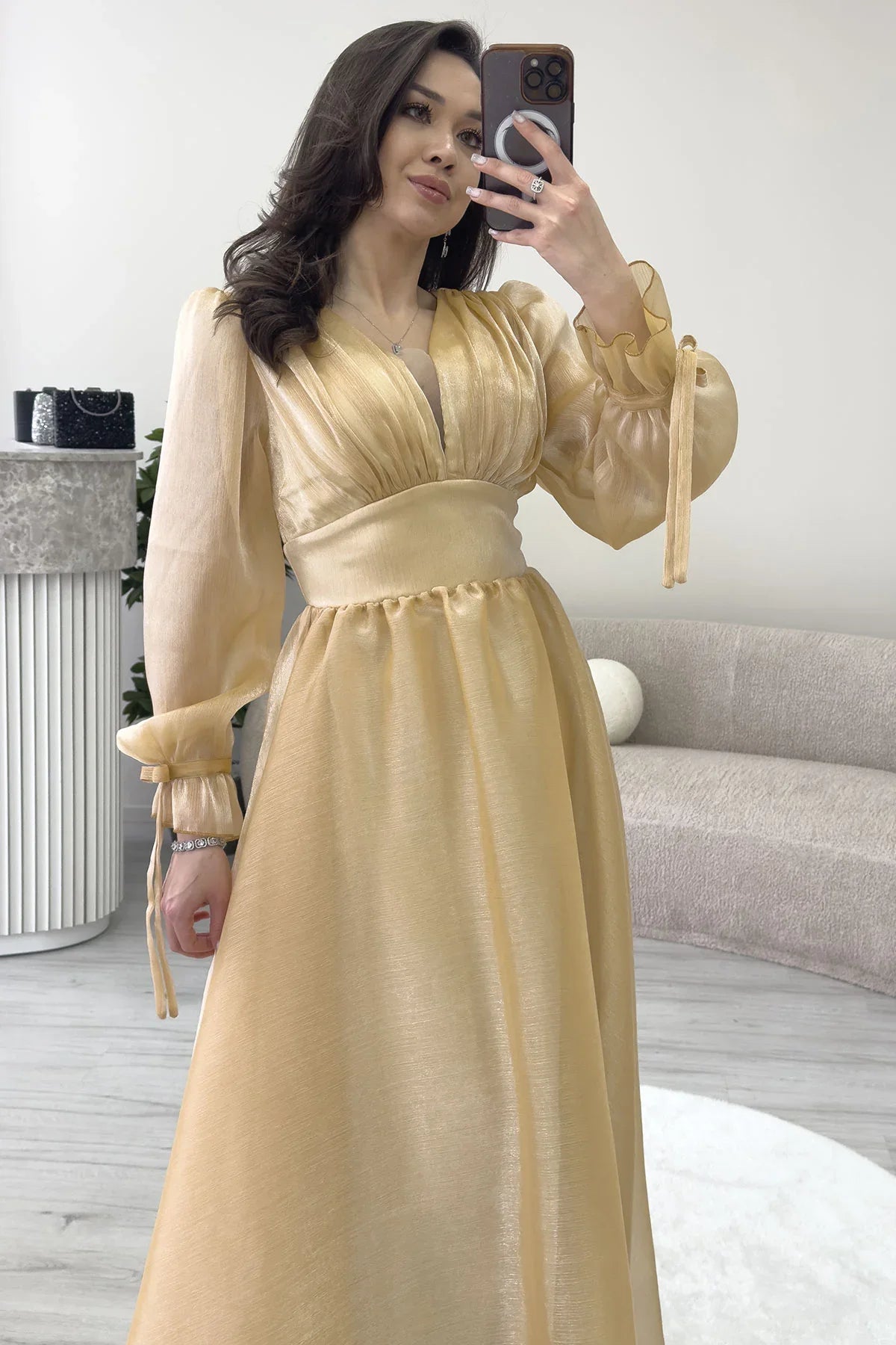 Asimetrik Etek Gold Karpuz Kol Prenses V Yaka Abiye Elbise