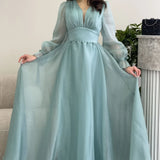 Asimetrik Etek Su Yeşili Karpuz Kol Prenses V Yaka Abiye Elbise