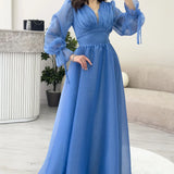 Asimetrik Etek İndigo Karpuz Kol Prenses V Yaka Abiye Elbise