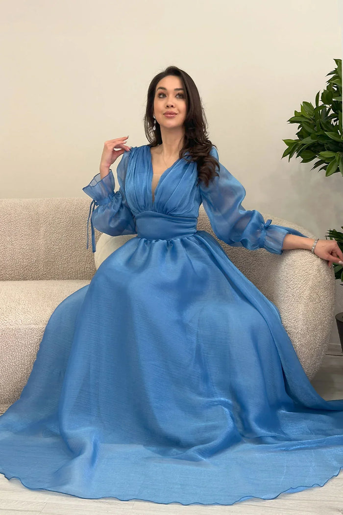 Asimetrik Etek Turkuaz Karpuz Kol Prenses V Yaka Abiye Elbise