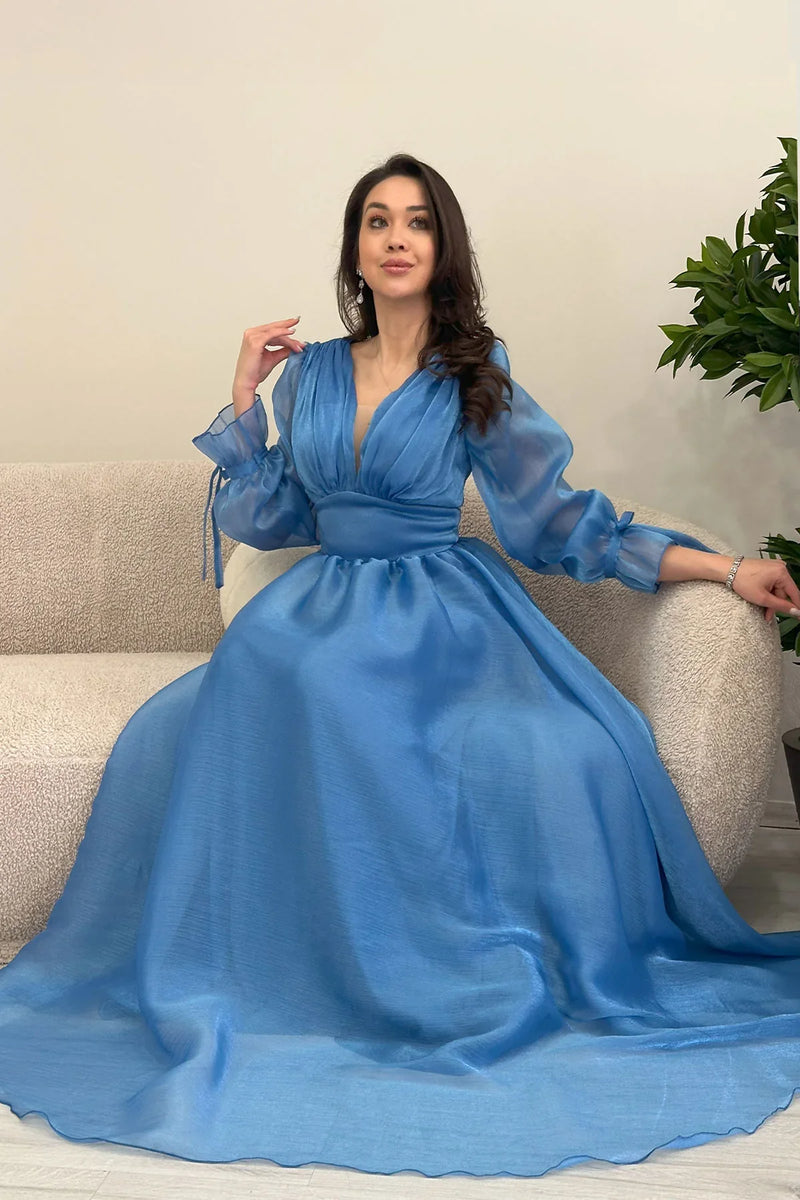 Asimetrik Etek Turkuaz Karpuz Kol Prenses V Yaka Abiye Elbise