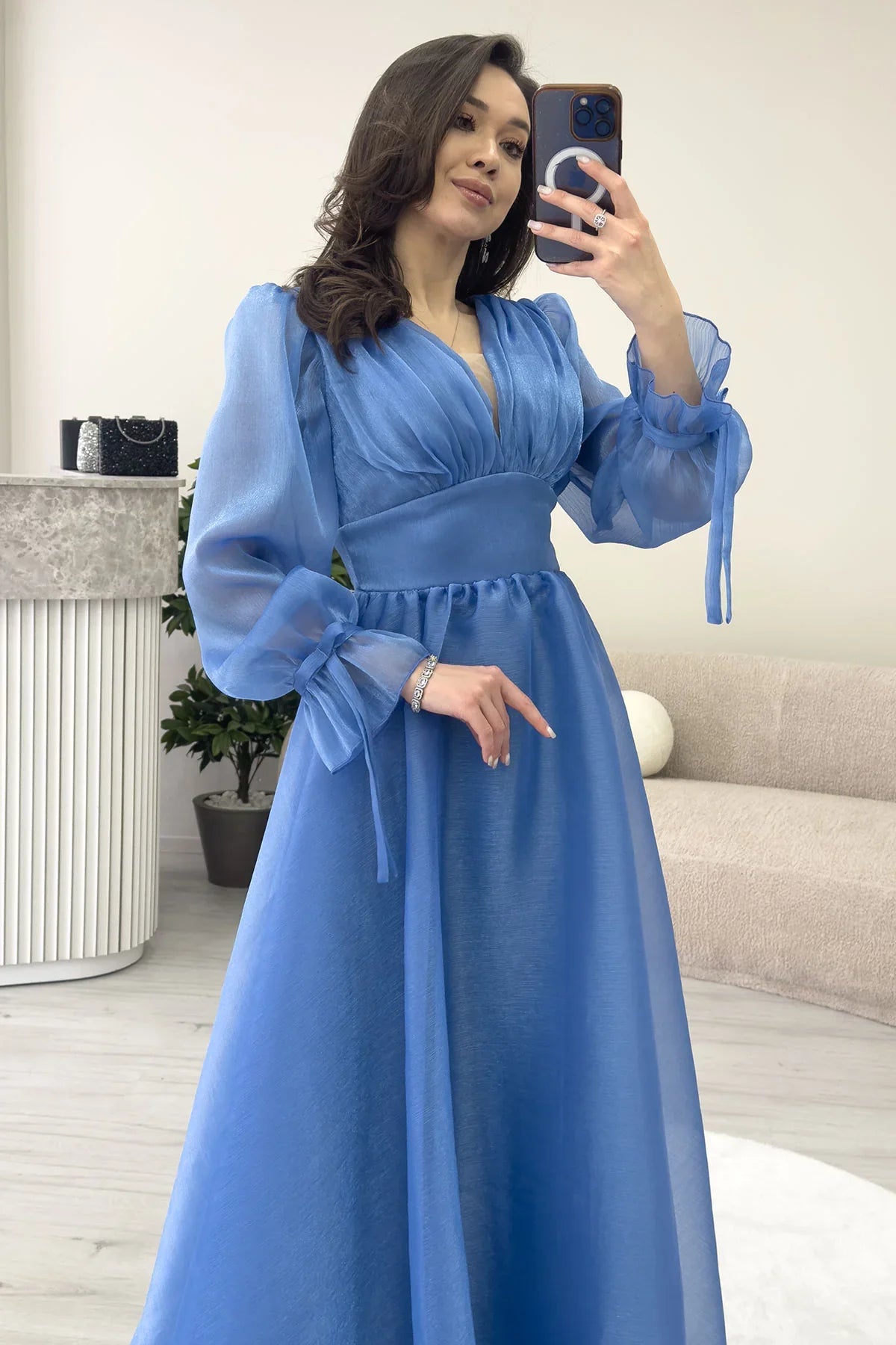 Asimetrik Etek Turkuaz Karpuz Kol Prenses V Yaka Abiye Elbise