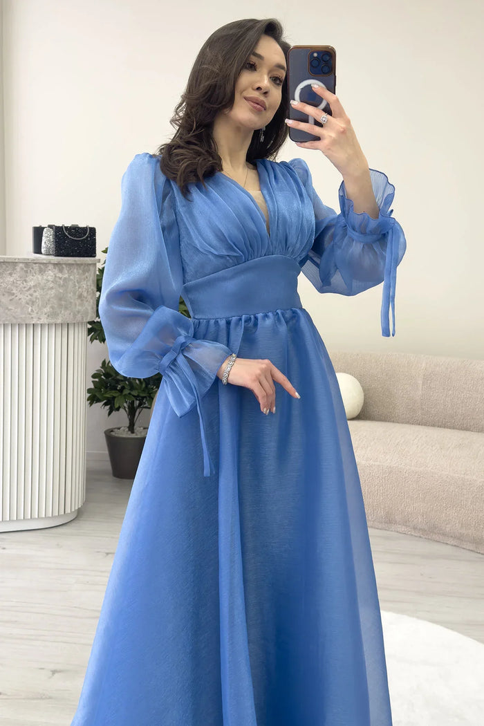 Asimetrik Etek Turkuaz Karpuz Kol Prenses V Yaka Abiye Elbise