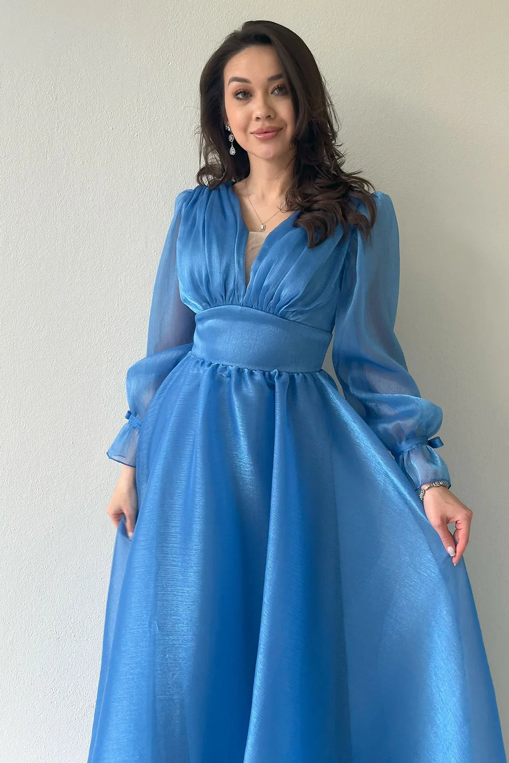 Asimetrik Etek Turkuaz Karpuz Kol Prenses V Yaka Abiye Elbise