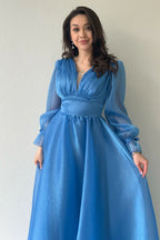 Asimetrik Etek Turkuaz Karpuz Kol Prenses V Yaka Abiye Elbise