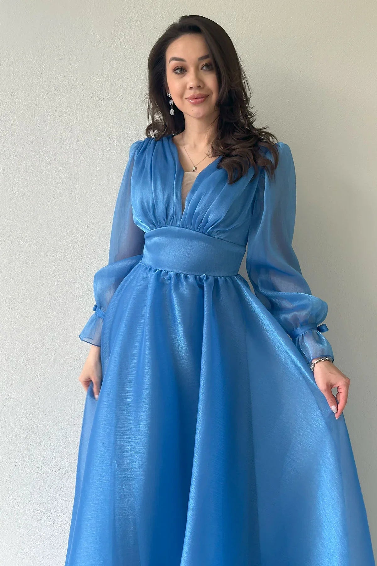 Asimetrik Etek Turkuaz Karpuz Kol Prenses V Yaka Abiye Elbise