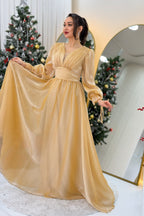 Asimetrik Etek Gold Karpuz Kol Prenses V Yaka Abiye Elbise