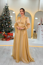 Asimetrik Etek Gold Karpuz Kol Prenses V Yaka Abiye Elbise