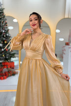 Asimetrik Etek Gold Karpuz Kol Prenses V Yaka Abiye Elbise
