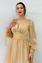 Asimetrik Etek Gold Karpuz Kol Prenses V Yaka Abiye Elbise