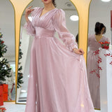 Asimetrik Etek Pudra  Karpuz Kol Prenses V Yaka Abiye Elbise