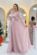 Asimetrik Etek Pudra  Karpuz Kol Prenses V Yaka Abiye Elbise