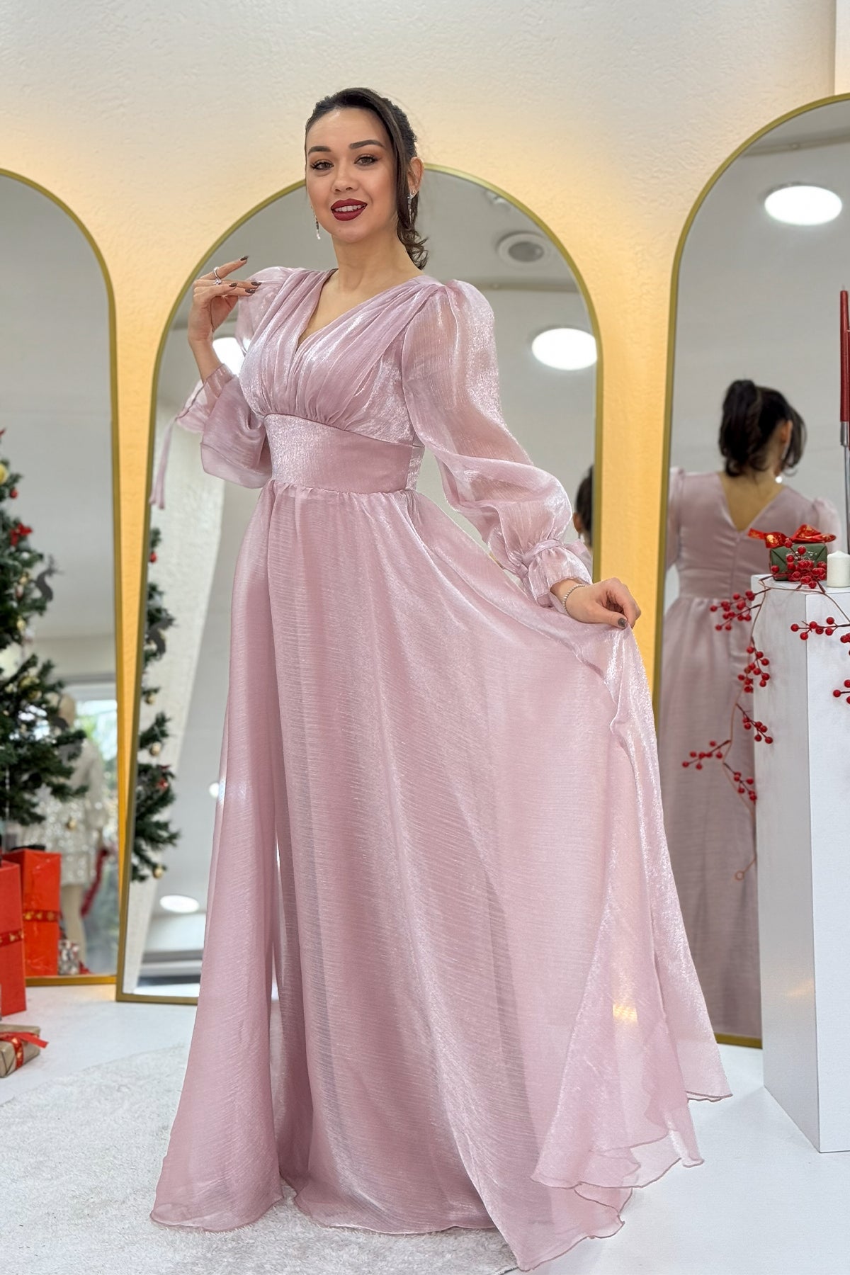 Asimetrik Etek Pudra  Karpuz Kol Prenses V Yaka Abiye Elbise