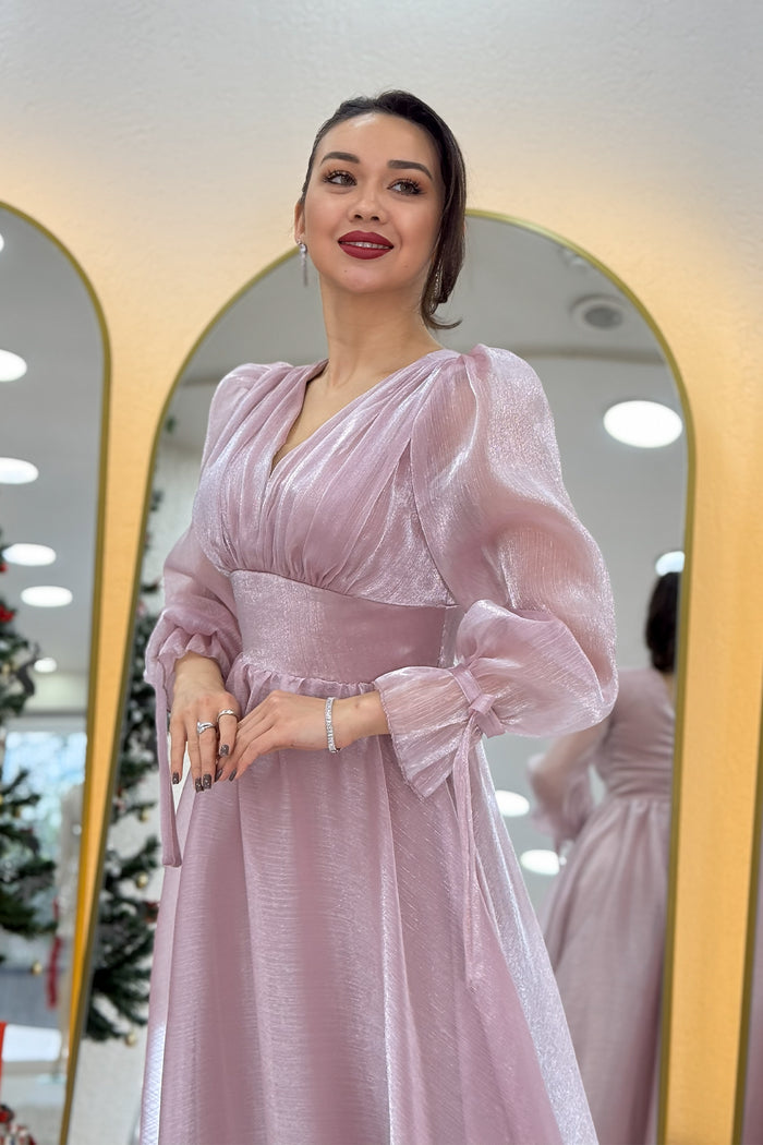 Asimetrik Etek Pudra  Karpuz Kol Prenses V Yaka Abiye Elbise