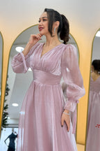 Asimetrik Etek Pudra  Karpuz Kol Prenses V Yaka Abiye Elbise