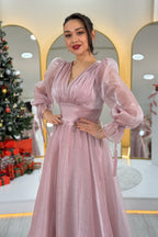 Asimetrik Etek Pudra  Karpuz Kol Prenses V Yaka Abiye Elbise