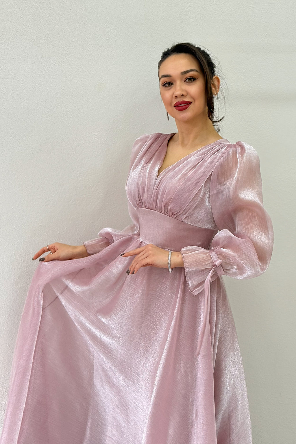 Asimetrik Etek Pudra  Karpuz Kol Prenses V Yaka Abiye Elbise