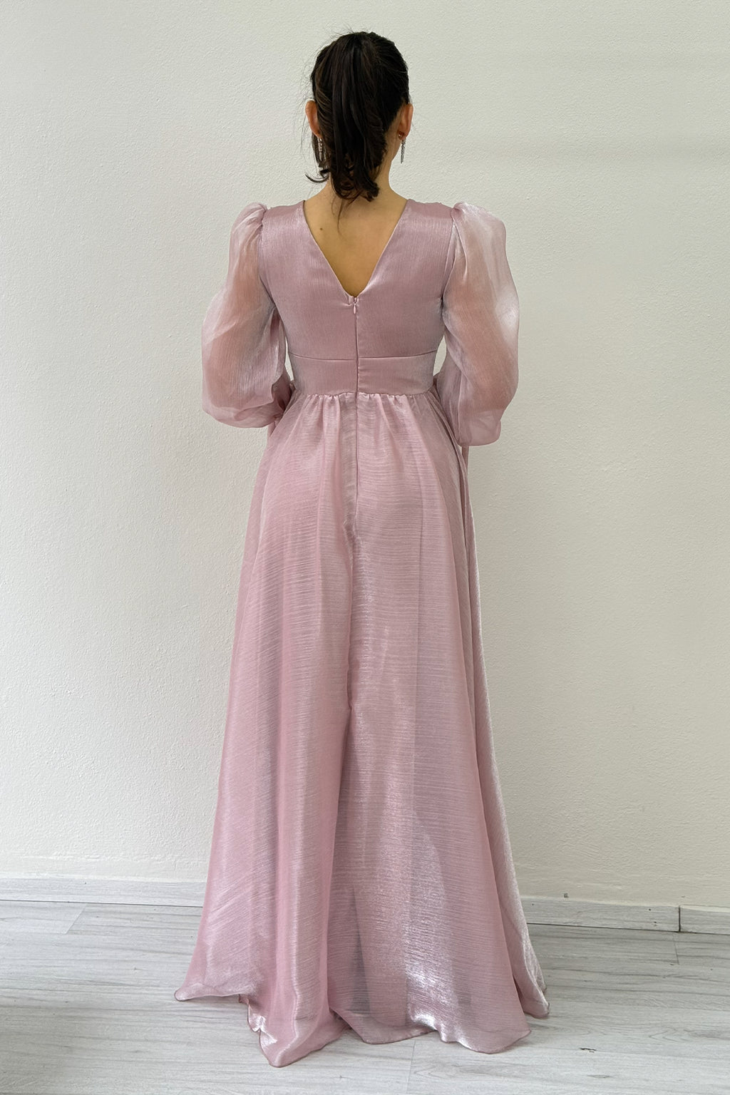 Asimetrik Etek Pudra  Karpuz Kol Prenses V Yaka Abiye Elbise