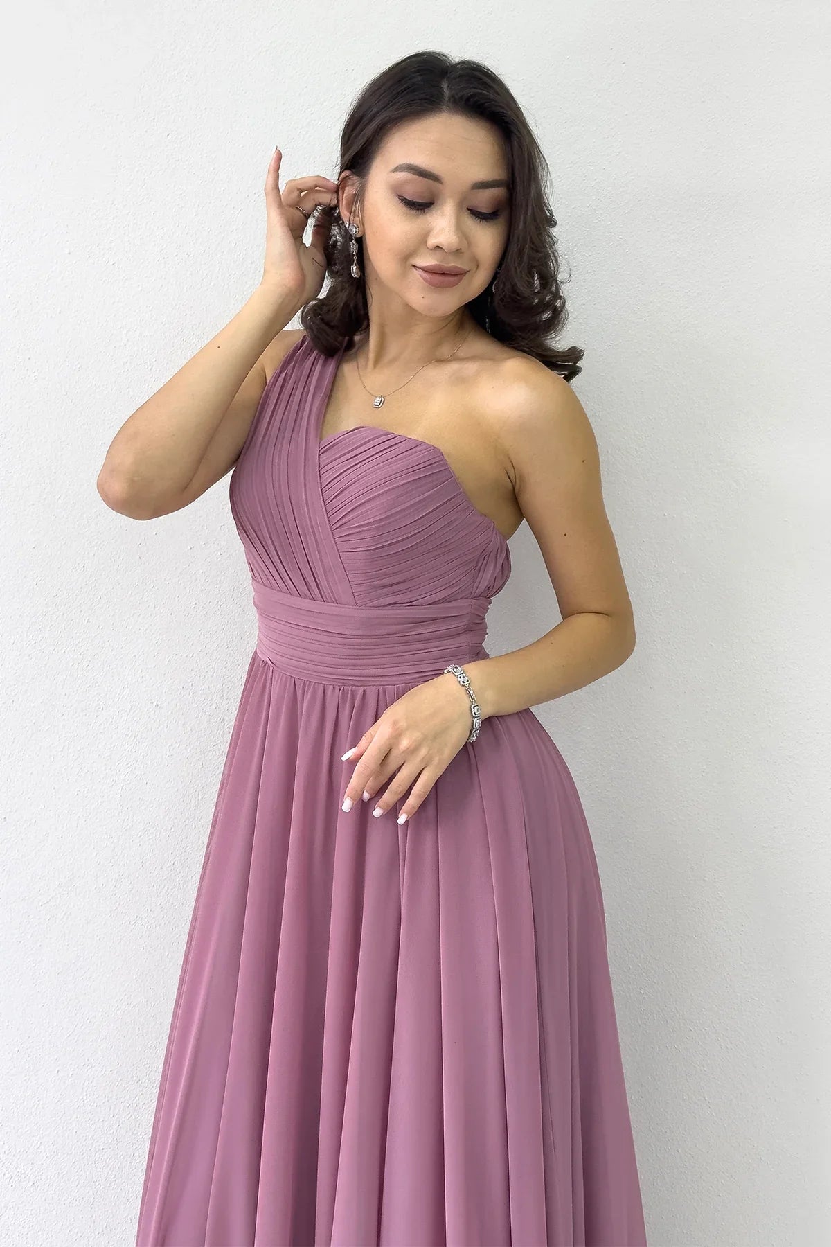 Gül Kurusu Tek Omuz Piliseli Kloş Abiye Elbise