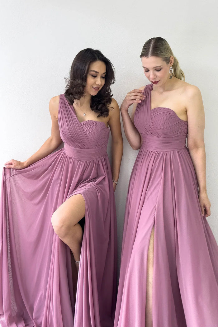 Gül Kurusu Tek Omuz Piliseli Kloş Abiye Elbise